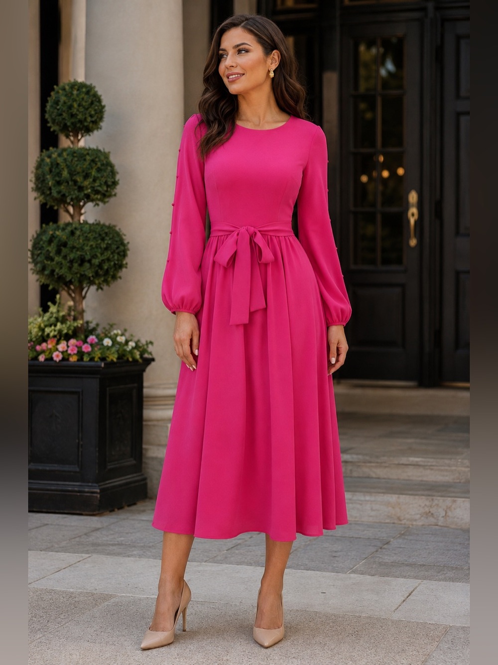 NWT Mikael Aghal Fuchsia Pink Long Sleeve Tie Waist Midi Dress Size 10
